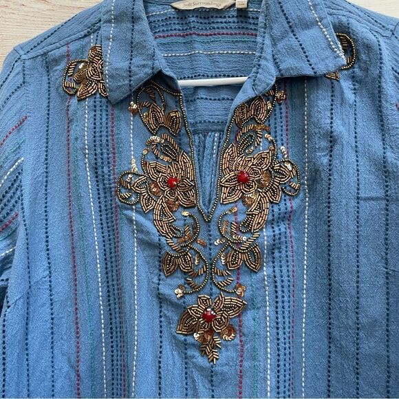 SOFT SURROUNDINGS EMBELLISHED TUNIC TOP IN BLUE COTTON - Picture 4 of 6